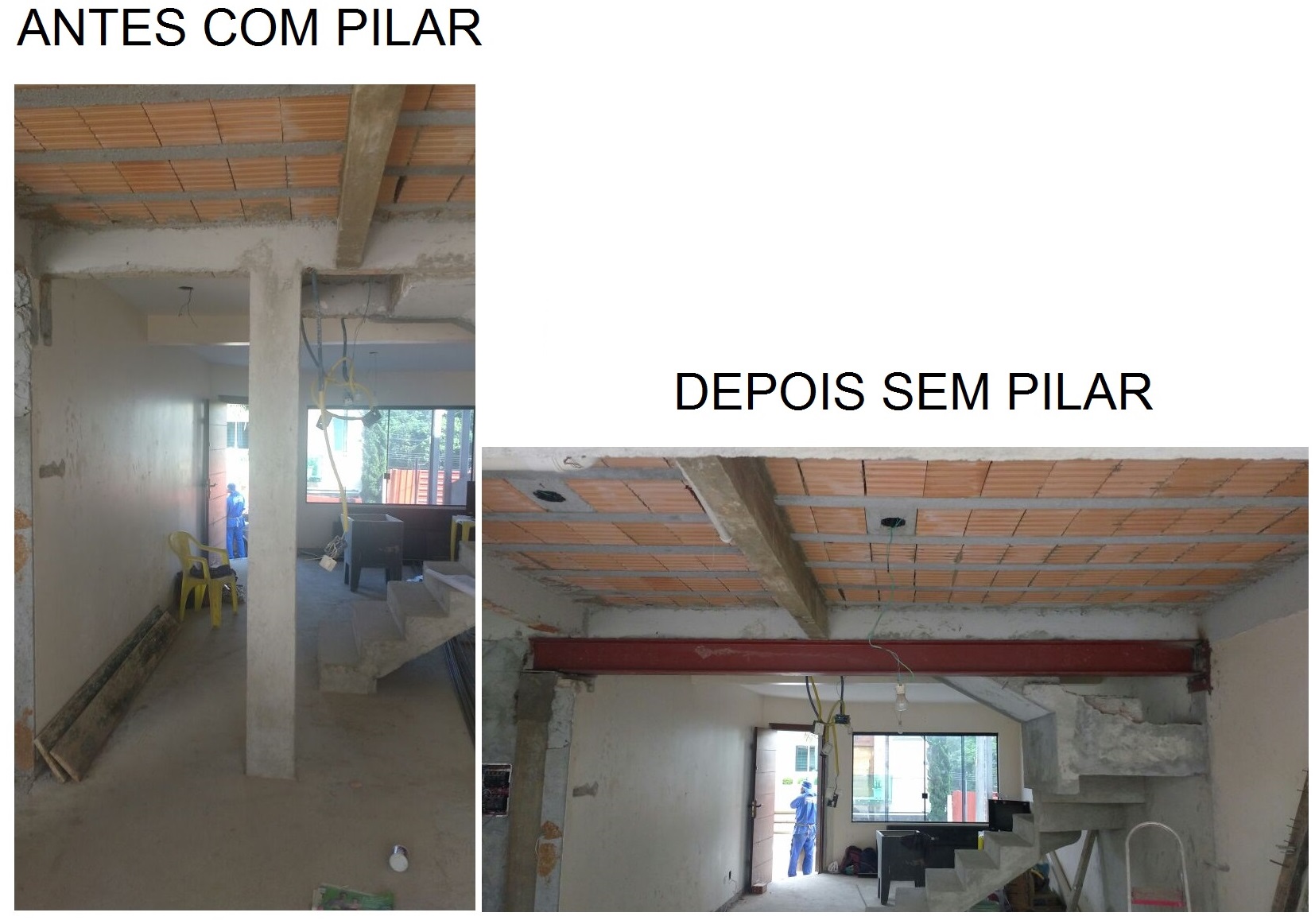 Reforço com estrutura metálica em residência unifamiliar para retirada de pilar.